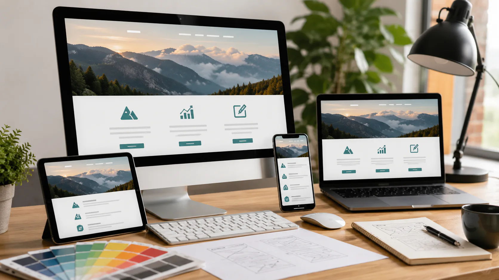 Desktop monitor, laptop, tablet, and smartphone displaying identical responsive website design with mountain landscape hero image and teal icons for features, arranged on wooden desk with office su...