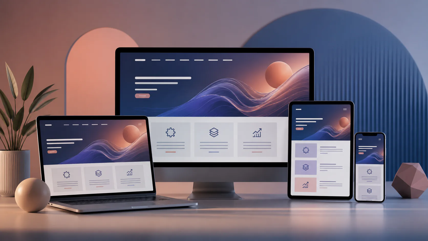 Collection of desktop monitor, laptop, tablet, and smartphone displaying identical responsive web interface with wave graphics, icons, and text content in coordinated layout.