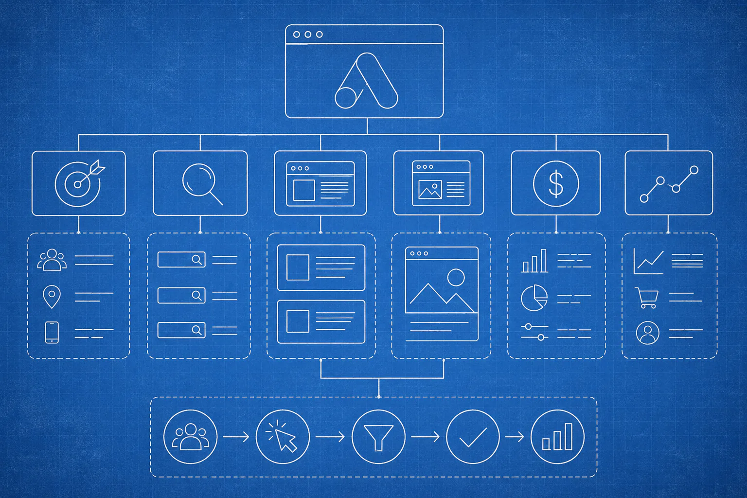 Hierarchical diagram showing Google Ads campaign structure with account at top, branching into six ad group categories (targeting, search, content, images, budget, analytics), each with sub-element...