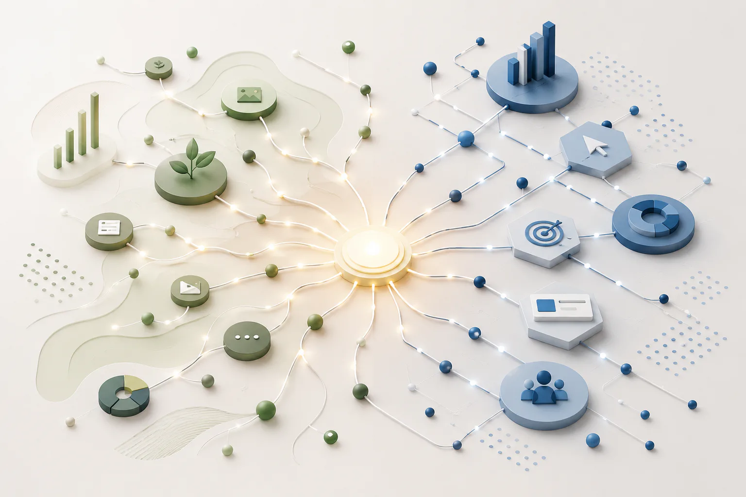 3D isometric illustration of a central glowing sun connecting two networks: green leaf nodes on left representing organic SEO strategy with analytics charts, and blue nodes on right showing PPC cam...
