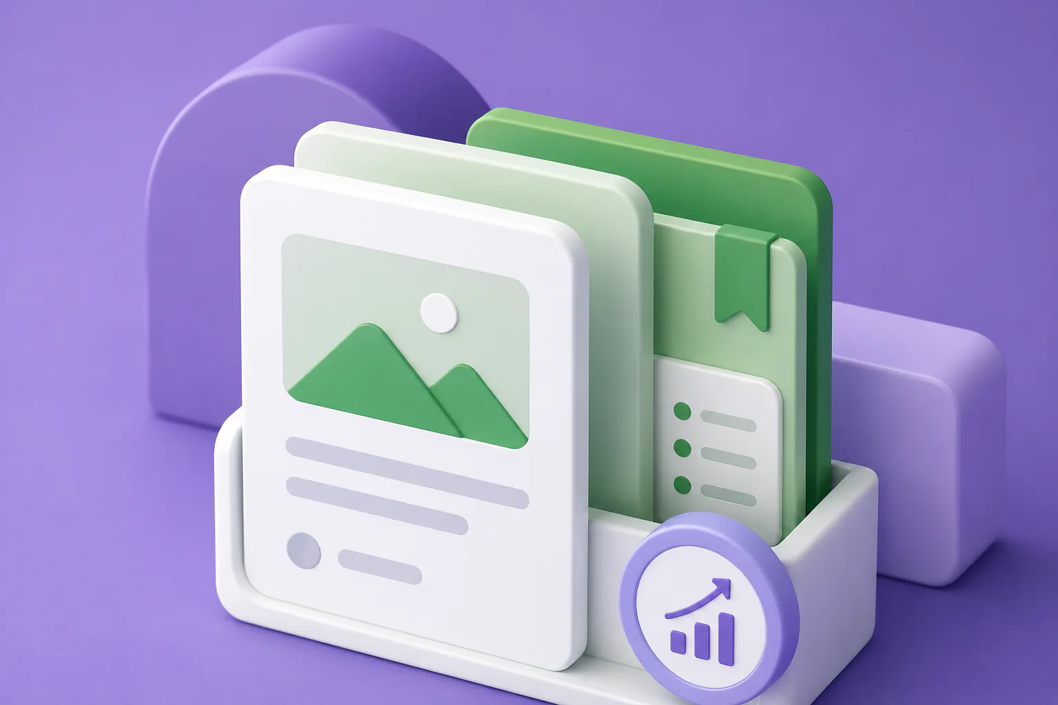3D illustration featuring a white card with green mountain icon, green folder tabs, green checklist, and purple circular badge with upward trending bar chart on purple background.