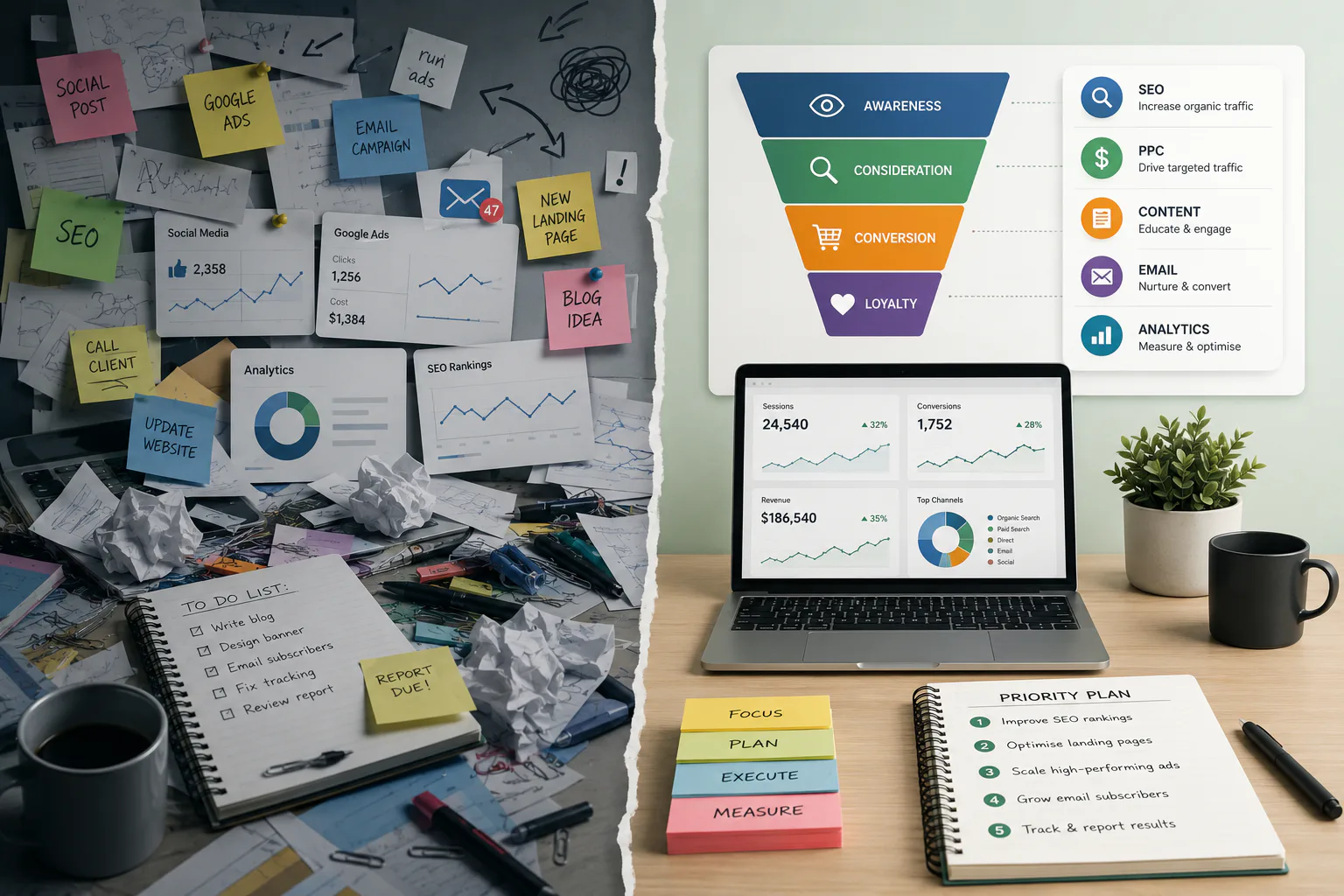 Chaotic desk workspace showing marketing planning materials including sticky notes labeled SEO, Google Ads, email campaign, social media analytics charts, laptop displaying conversion funnel and an...