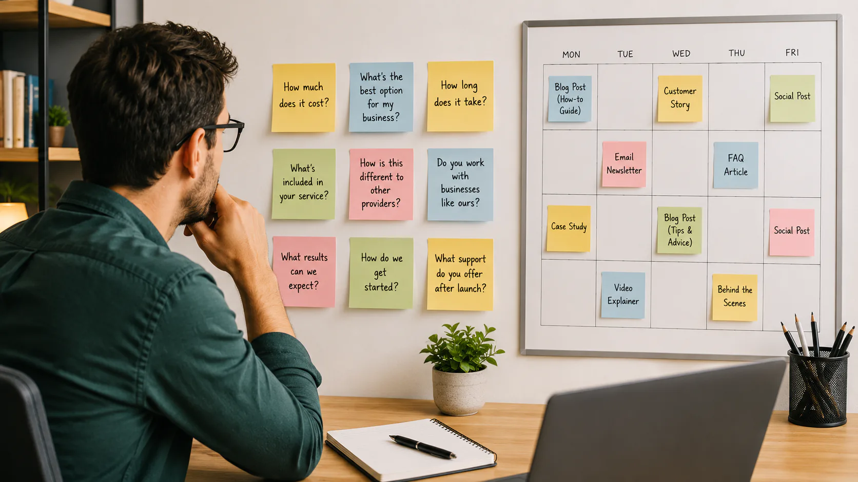 Man in dark shirt and glasses sitting at wooden desk viewing wall with colorful sticky notes containing content marketing questions and a whiteboard calendar showing weekly content schedule.