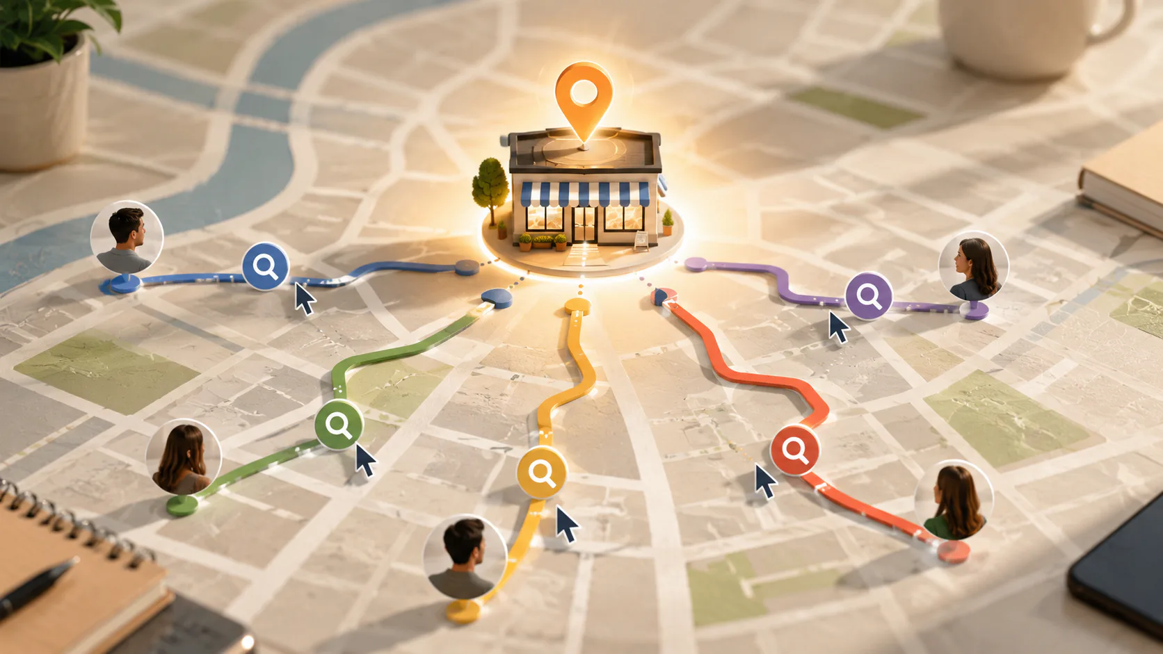 Illustrated map showing a storefront with location pin icon at center, connected by colored pathways to multiple user profile icons with search symbols, demonstrating how paid search targets custom...