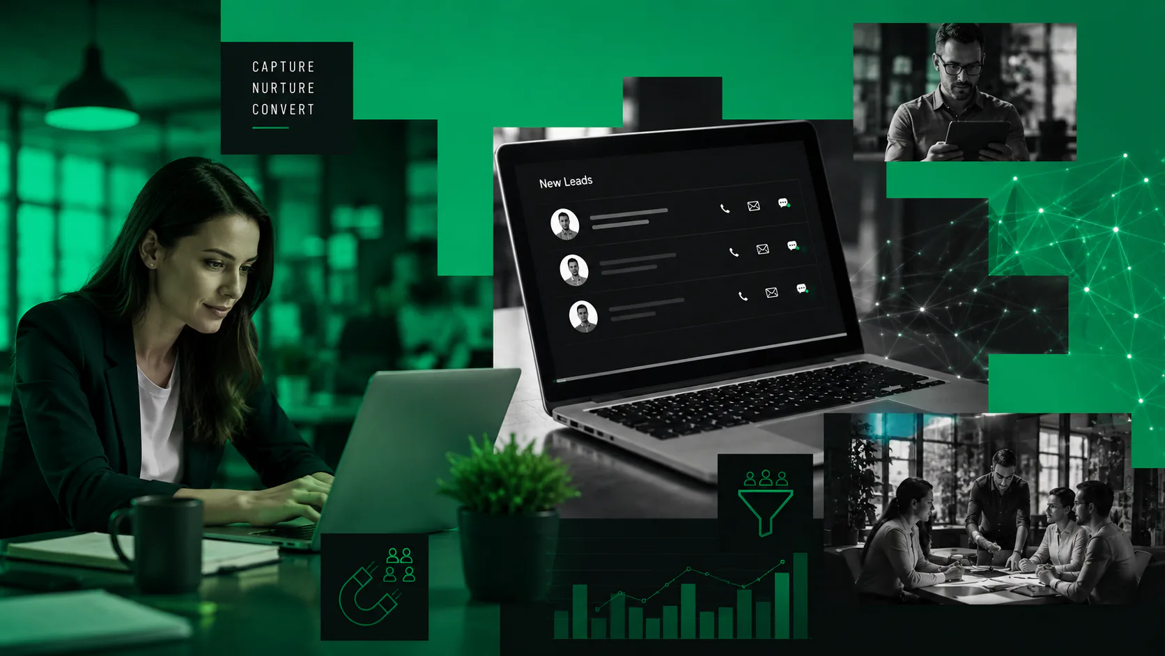 Professional woman using laptop with CRM dashboard displaying new leads, surrounded by icons showing marketing funnel, analytics graphs, and team collaboration imagery on green tech background
