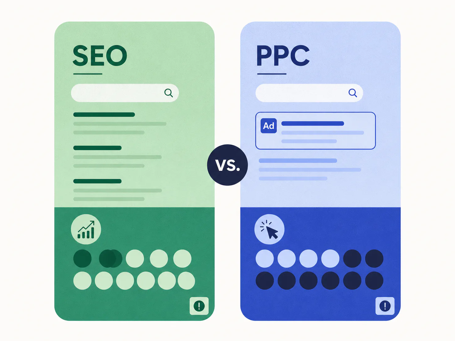 Split-screen infographic comparing SEO and PPC. Left green panel shows SEO with search bar and organic results icons. Right blue panel displays PPC with paid ad example. Center circle shows 'vs.' D...