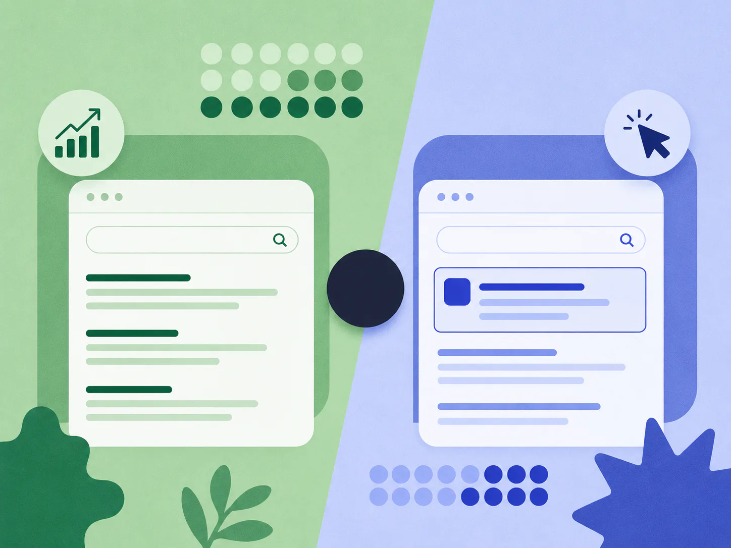 Split-screen illustration comparing SEO and PPC: left side shows green background with website interface, growth chart icon, and analytics dots; right side displays blue background with cursor icon...