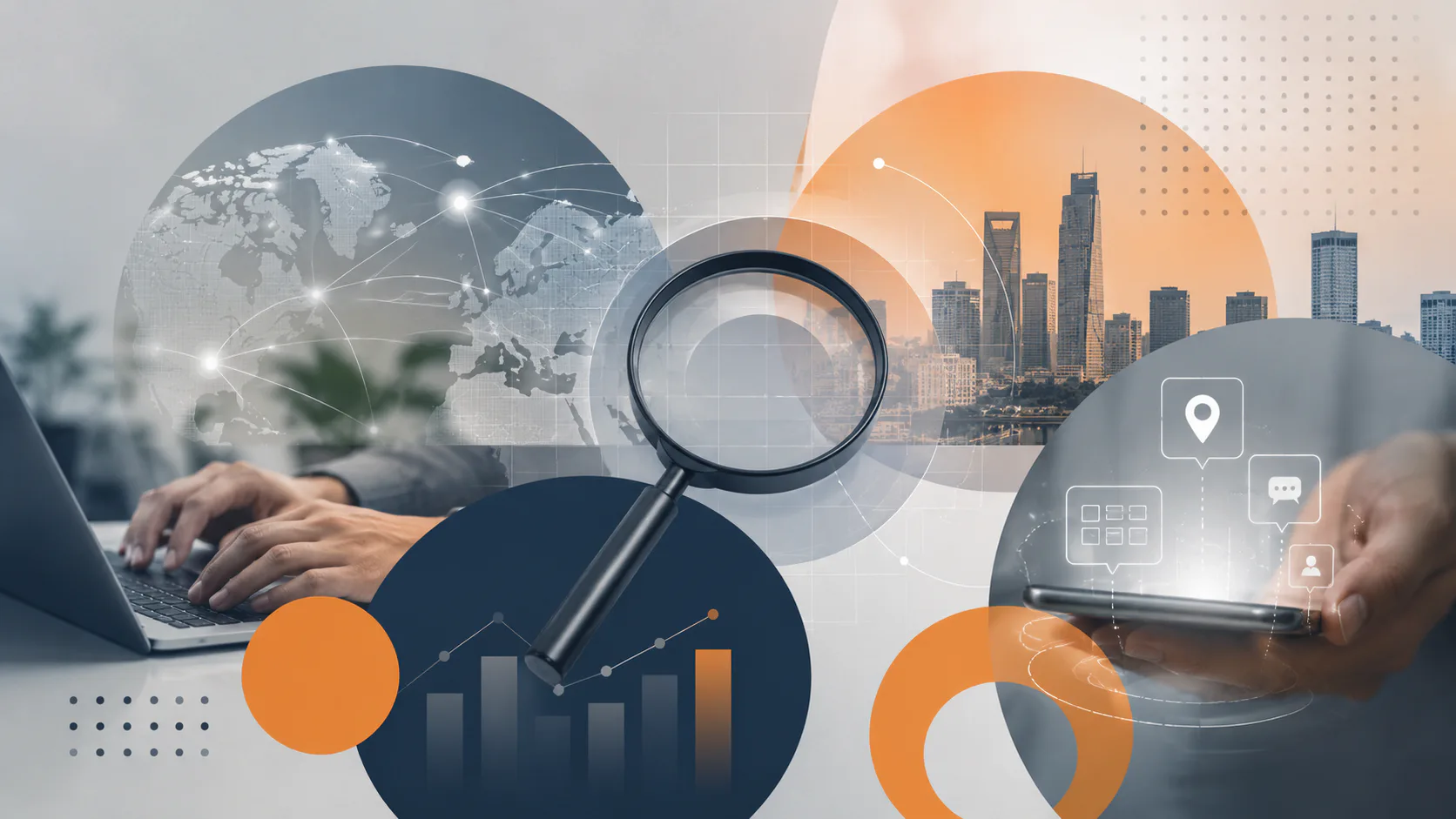Composite digital illustration showing laptop user and magnifying glass over global map network, city skyline with AI icons, analytics charts, and location/messaging symbols representing search opt...