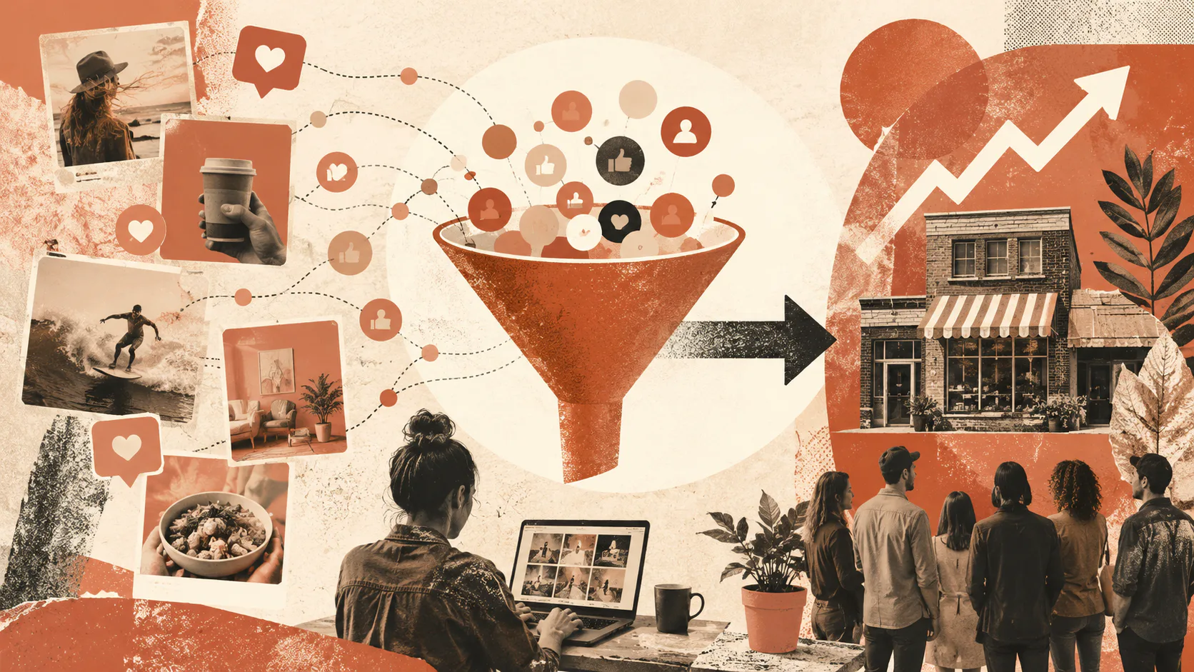 Illustrated infographic showing social media aggregation funnel with customer photos, social icons, engagement metrics, person using laptop, and storefront with upward trending arrow indicating bus...