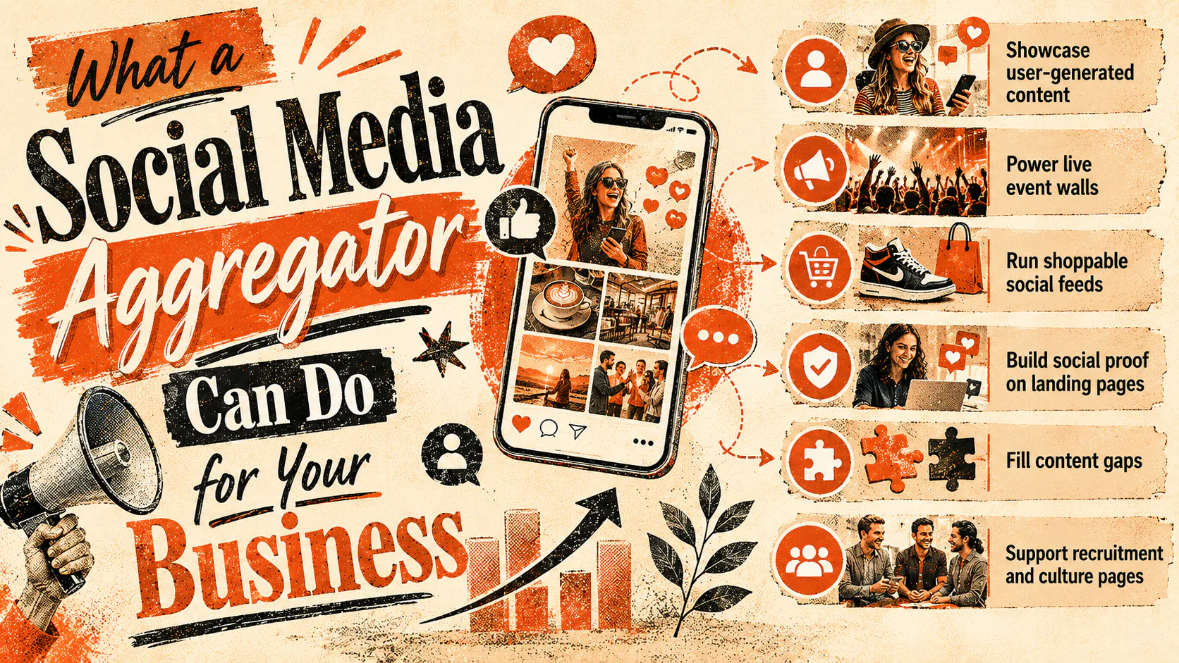 Infographic showing social media aggregator functions with smartphone displaying multiple social posts, megaphone icon, and six use case boxes including user-generated content, live event walls, sh...