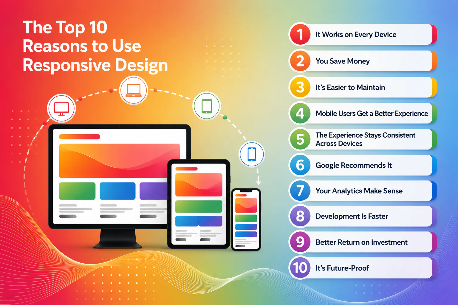 Infographic showing responsive design benefits across desktop, tablet, and mobile devices with colorful gradient background. Lists ten numbered advantages including device compatibility, cost savin...