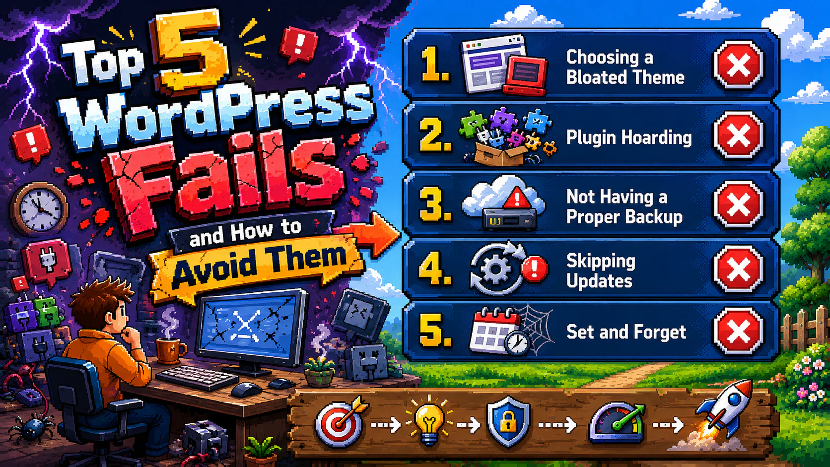 Pixel art infographic showing a developer at desk with computer displaying WordPress issues, listing five common failures: bloated themes, plugin hoarding, missing backups, skipping updates, and se...
