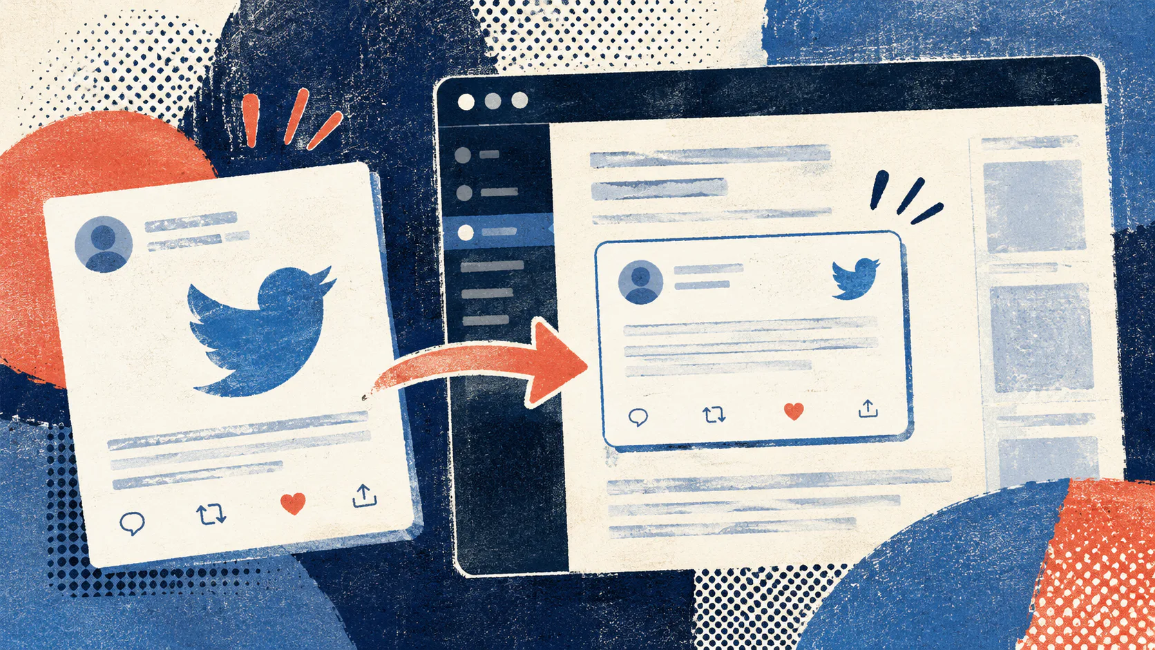 Retro-style illustration showing a Twitter bird icon on the left connected by an orange arrow to a WordPress post interface on the right, with engagement icons below, against a blue and cream backg...