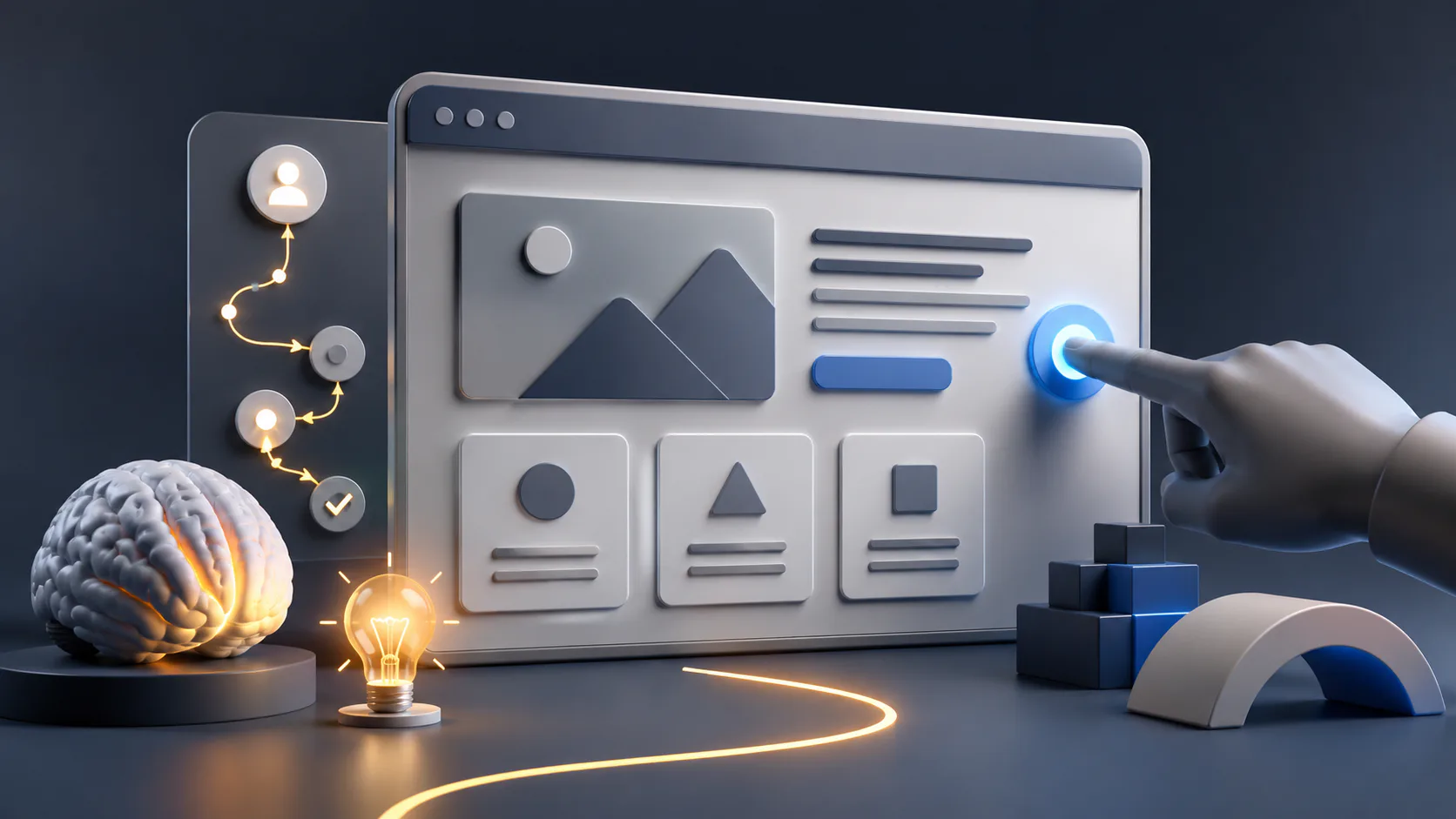 3D illustration of a website interface mockup with user workflow elements, including a glowing brain icon, lightbulb, process nodes with connecting lines, and a hand interacting with a blue button ...