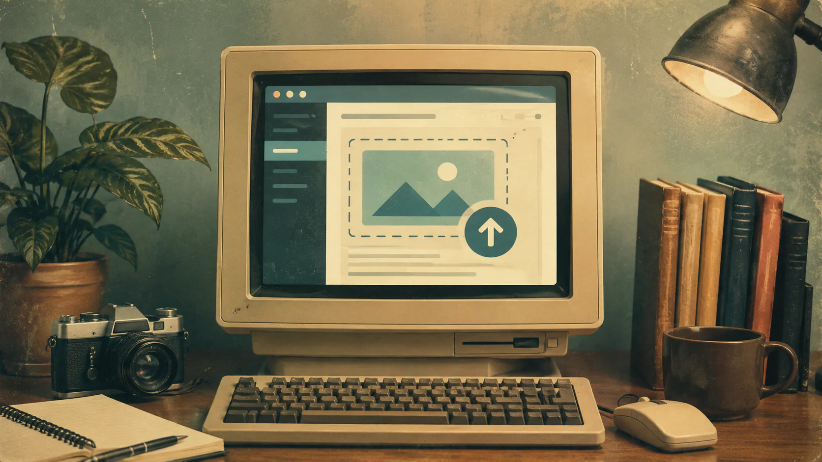Vintage beige computer displaying an image upload interface with mountain graphic and upload arrow button, surrounded by desk accessories including camera, books, plant, lamp, and coffee mug.