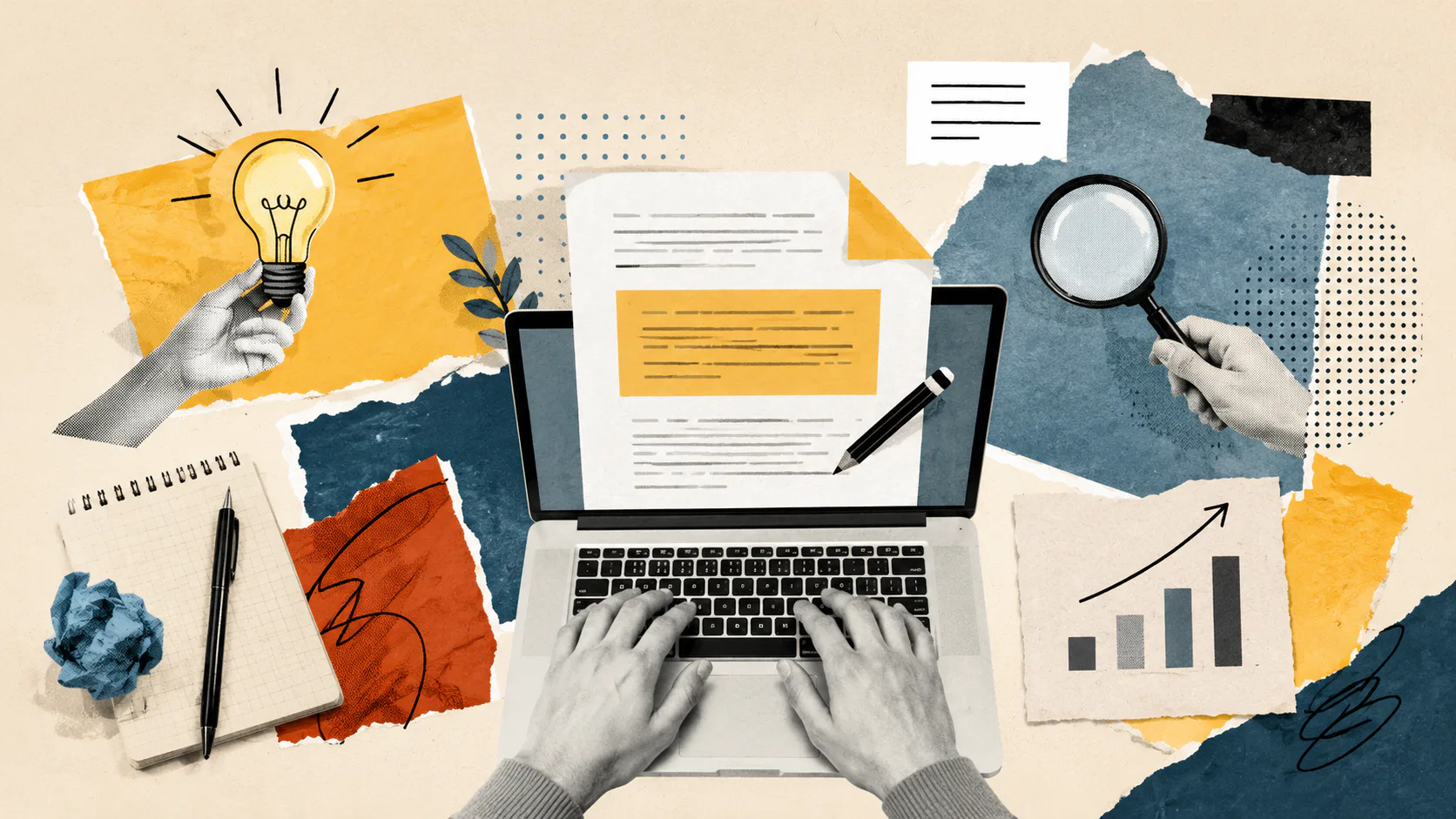Collage illustration showing hands typing on laptop, holding lightbulb and magnifying glass, with scattered documents, notebook, growth chart, and colorful watercolor shapes in blue, yellow, and or...