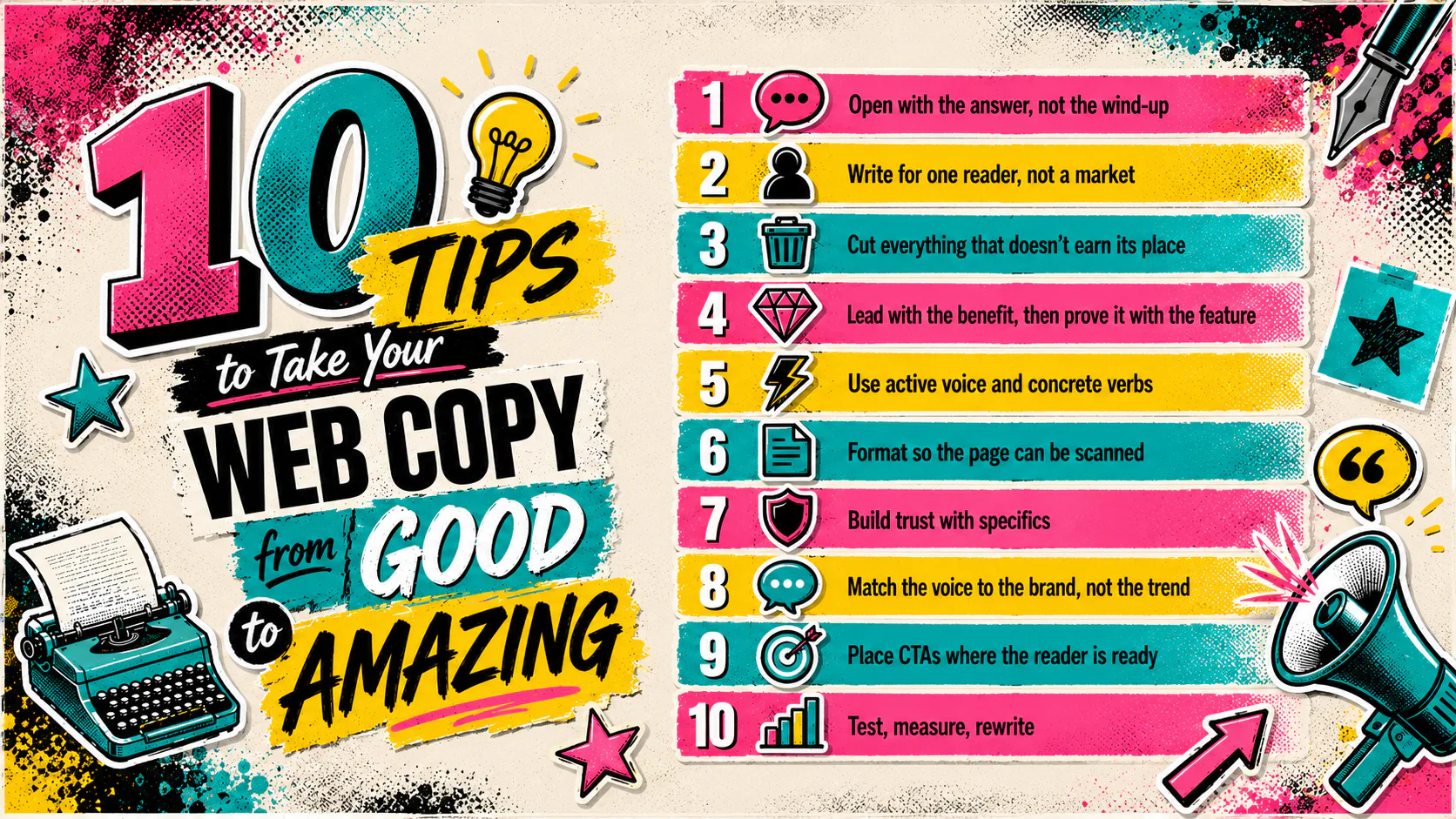 Colorful infographic displaying 10 web copywriting tips with bold typography, icons, and alternating pink, yellow, and teal colored bands numbered 1-10, featuring a vintage typewriter and lightbulb...