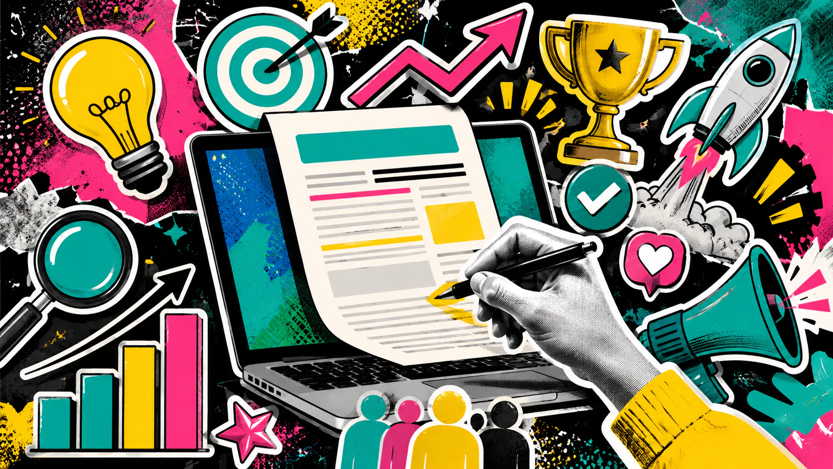 Illustrated collage featuring a hand writing on a laptop displaying a webpage layout, surrounded by colorful icons including a lightbulb, target, trophy, magnifying glass, growth chart, rocket, and...