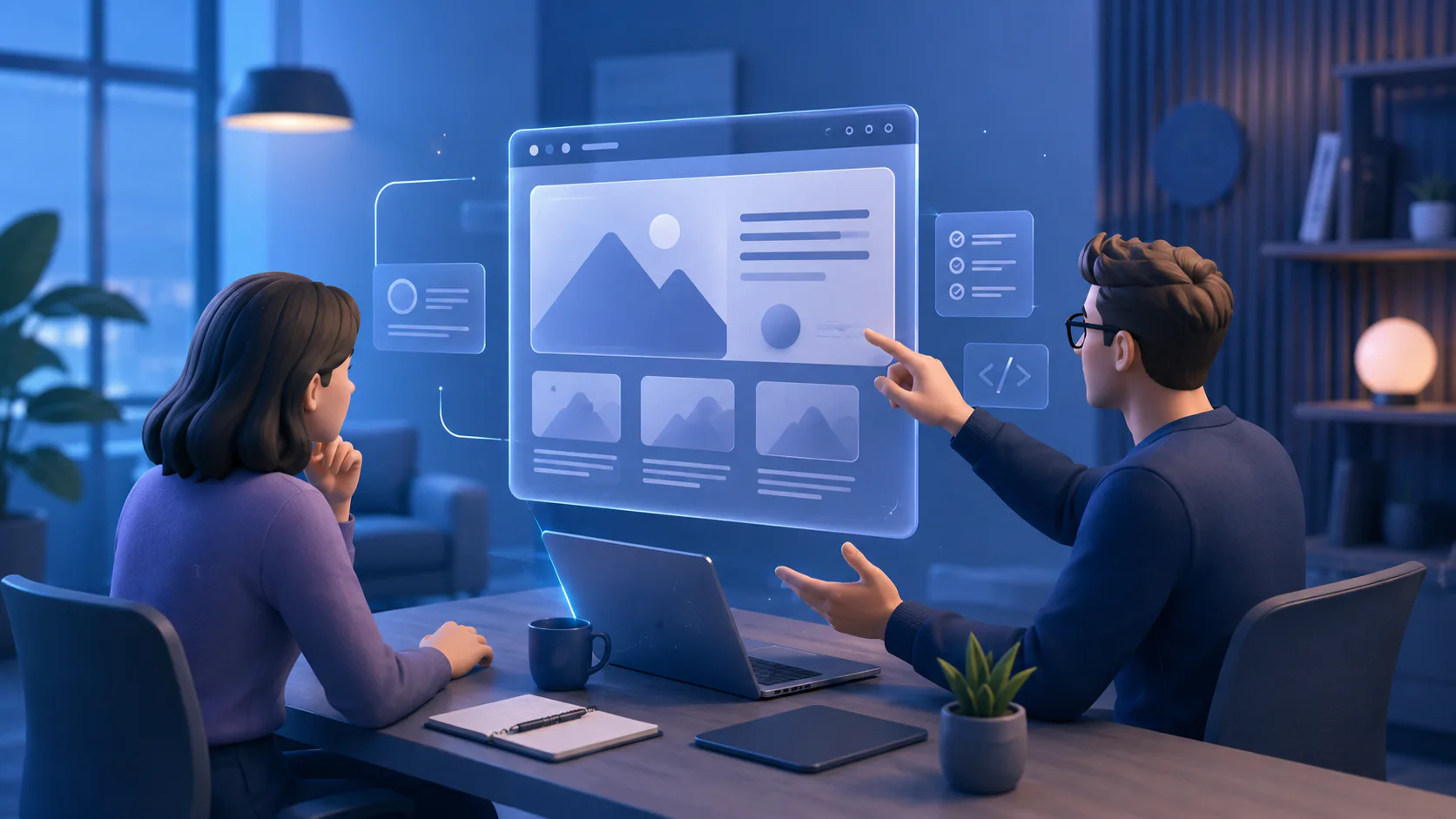 Two professionals in an office discussing website design on a holographic display showing layout mockups, wireframes, and design elements with laptops and mobile devices on the table.