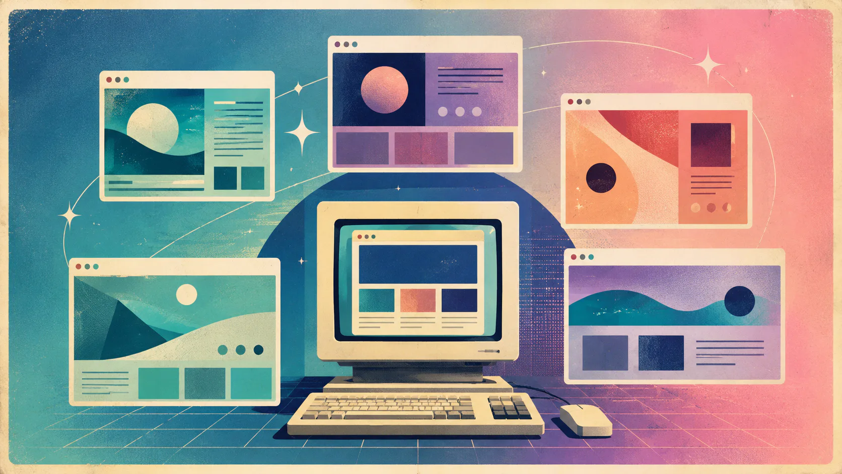 Vintage-style illustration showing a beige desktop computer surrounded by five colorful browser windows displaying different website layouts, connected by glowing lines on a gradient teal-to-pink b...