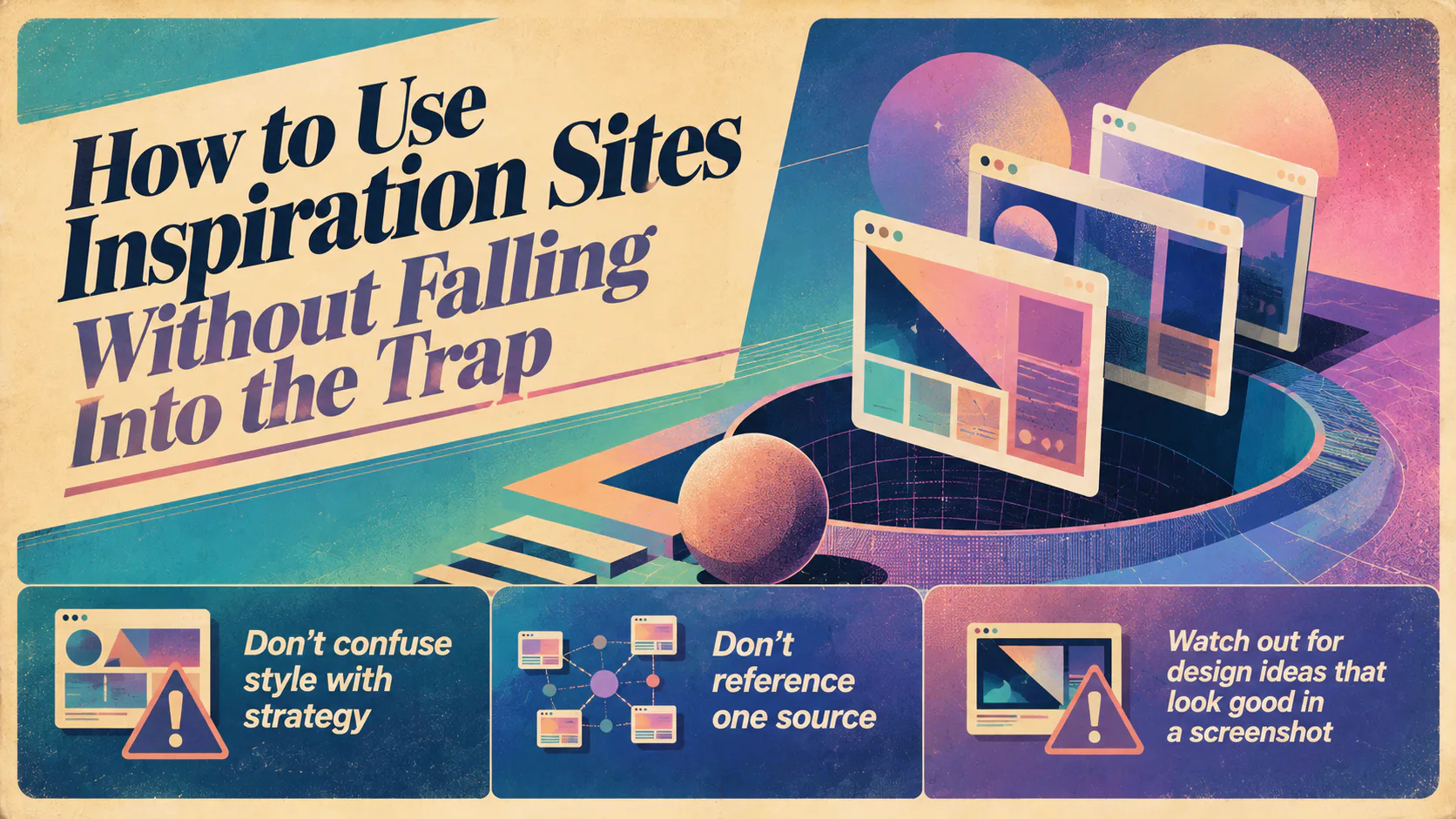 Retro-style infographic with colorful gradient background showing three warning tips about using design inspiration sites: don't confuse style with strategy, don't reference one source, and watch o...