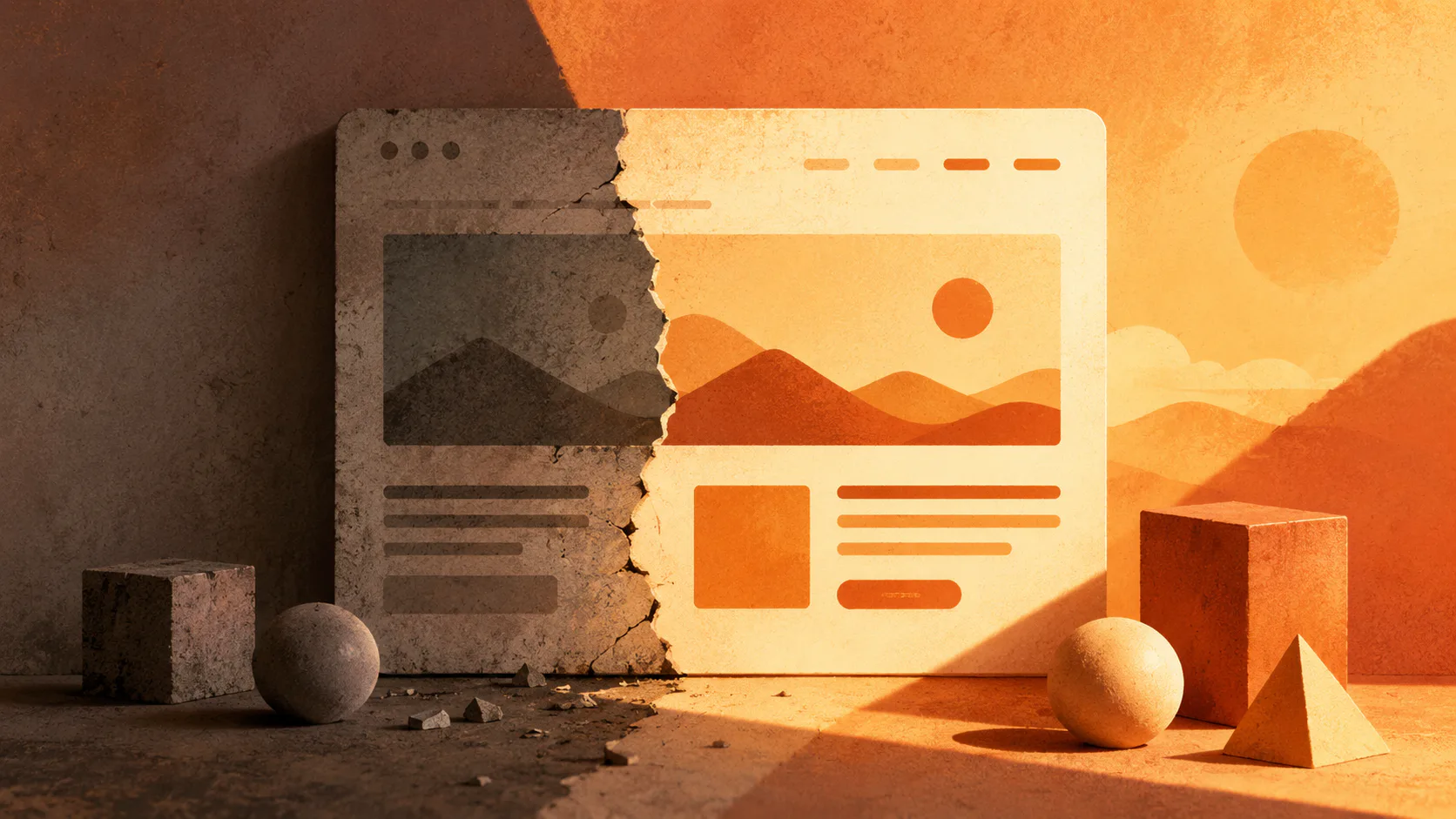 Illustrated webpage mockup displaying desert landscape with mountains and sun, surrounded by concrete geometric shapes and spheres in warm orange tones, emphasizing design principles.