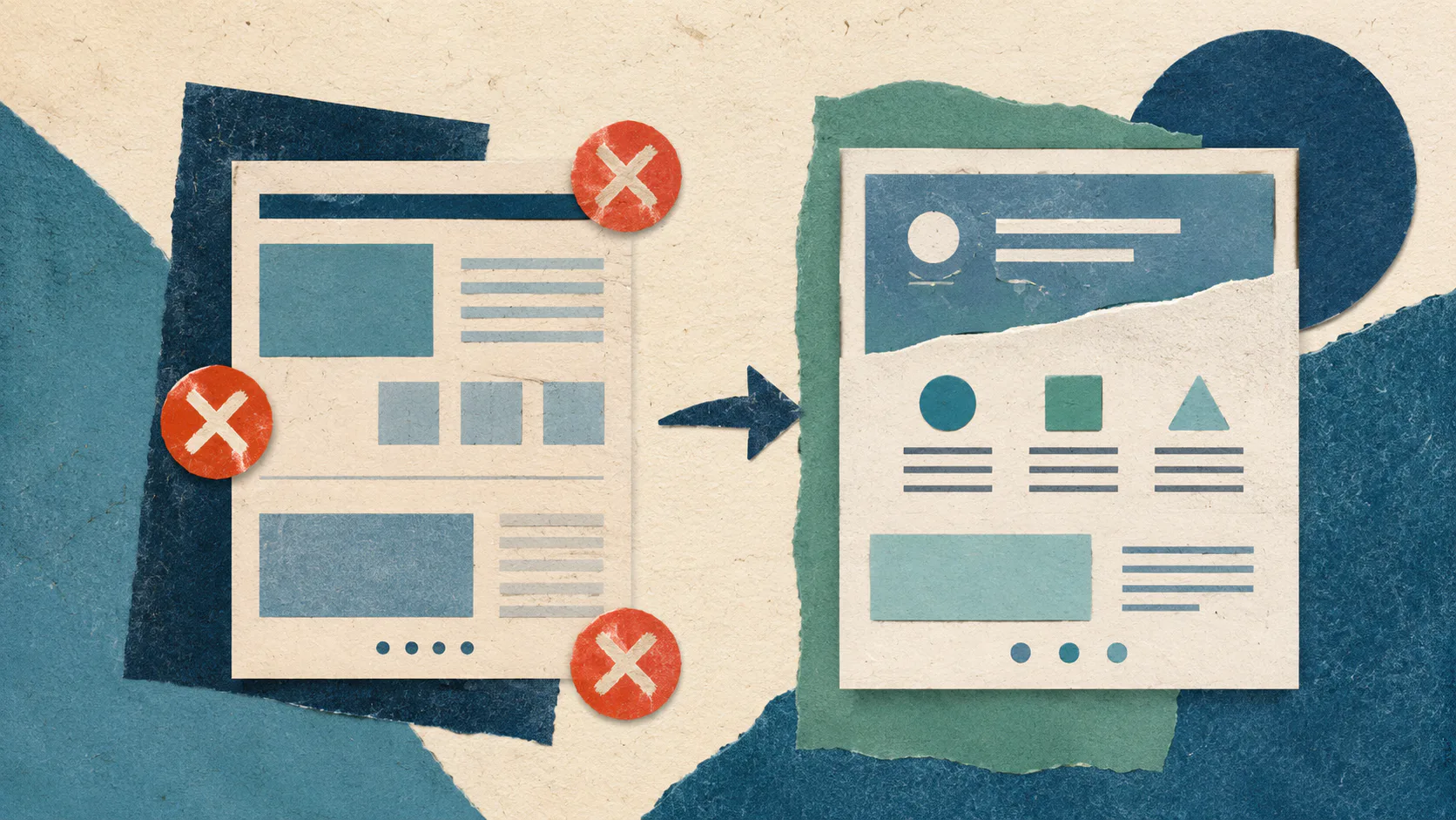 Illustration showing two website layouts side by side with an arrow between them. Left layout has red X marks indicating design flaws. Right layout shows improved design structure with better organ...