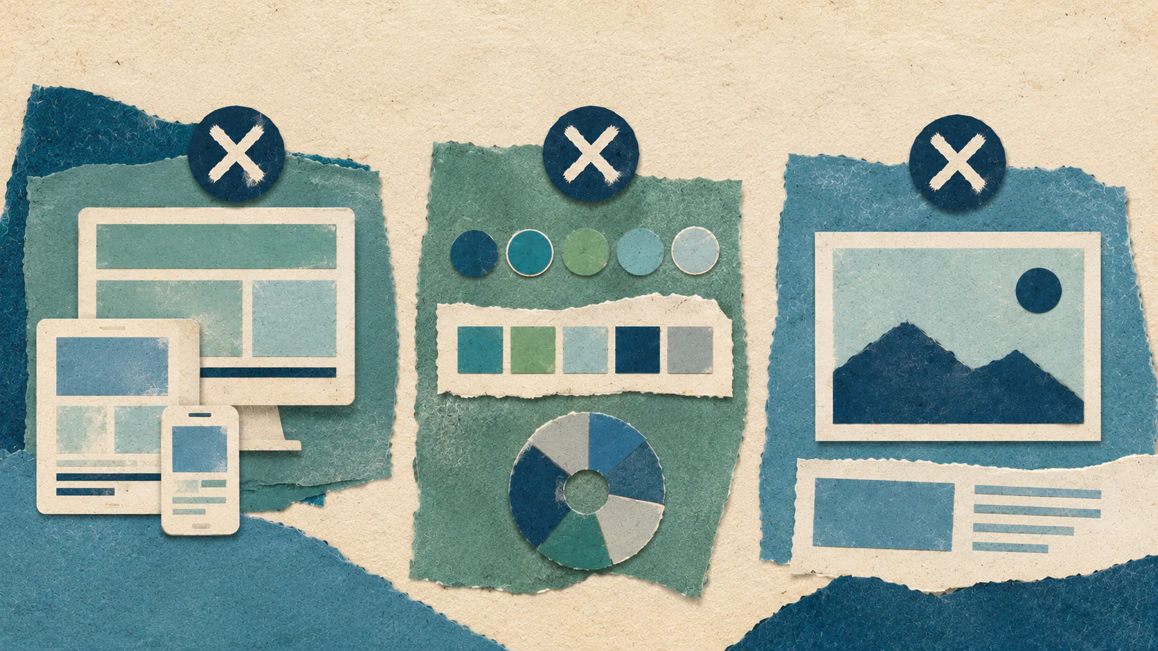Three paper-cut style cards showing common web design mistakes marked with X symbols: left shows responsive design layout failure, center displays color palette and chart errors, right depicts imag...
