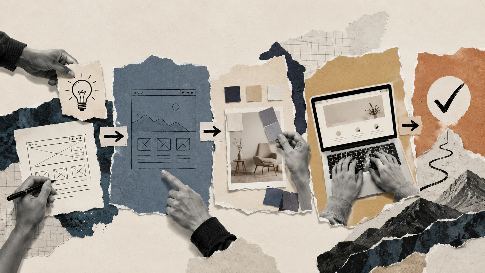 Collage showing six-stage web design process: idea lightbulb, wireframe sketch, UI mockup, color swatches, interior design photo, laptop with design, and checkmark symbol connected by arrows