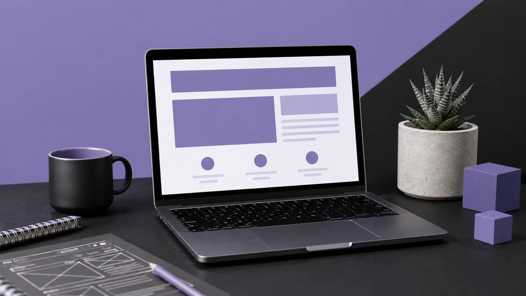 Modern desk setup showing laptop displaying website wireframe layout with purple and white design elements, coffee mug, succulent plant, notebook, and design blocks
