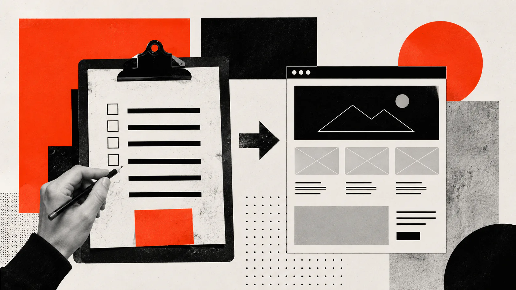 Illustration showing a hand holding a clipboard with checklist items connected by an arrow to a browser window displaying a website layout with hero image, product grid, and text sections.