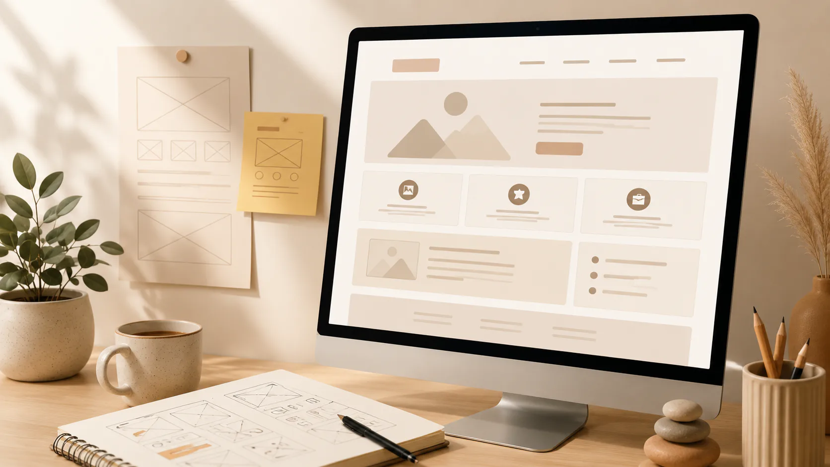 Designer's desk workspace showing desktop computer displaying website layout wireframes with content blocks, images, and navigation elements. Sketches, plants, coffee mug, and pencils visible.