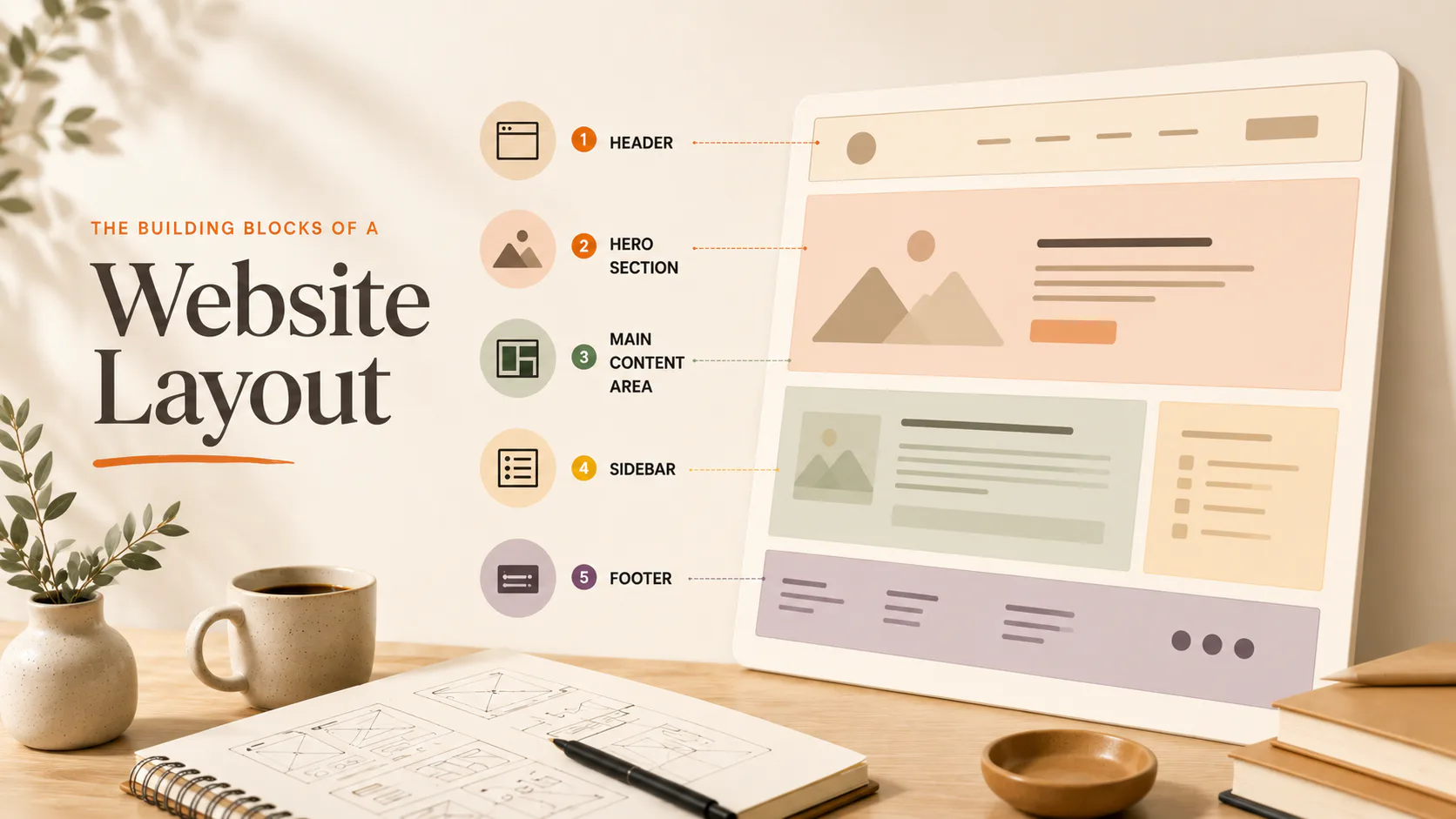 Diagram showing five key website layout components: header, hero section, main content area, sidebar, and footer, each labeled with numbered icons and connected with dotted lines to a wireframe moc...