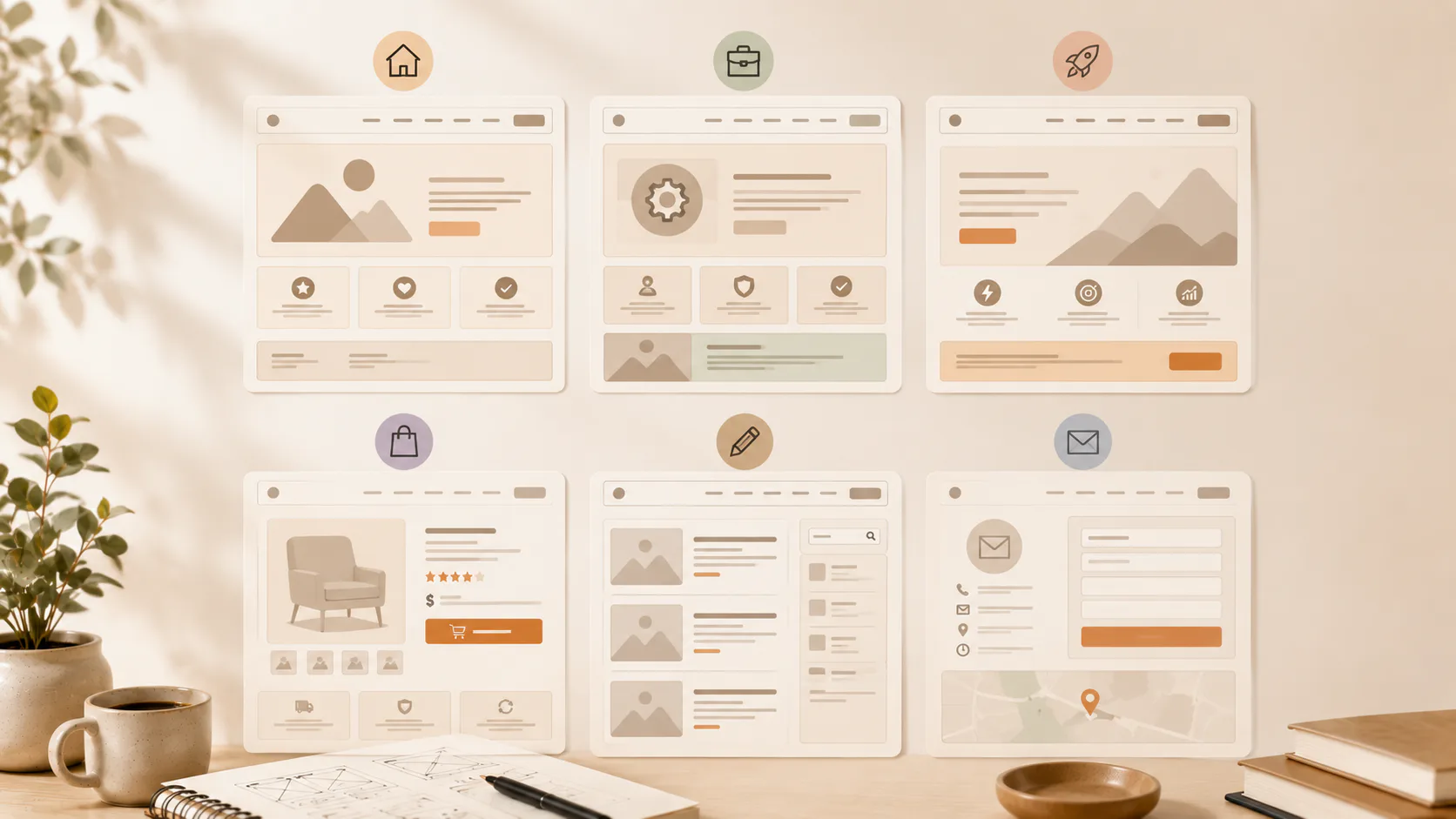 Six website layout wireframes displayed on browser mockups, showing homepage, business, analytics, product, blog, and contact page designs with icons, content blocks, and call-to-action buttons.
