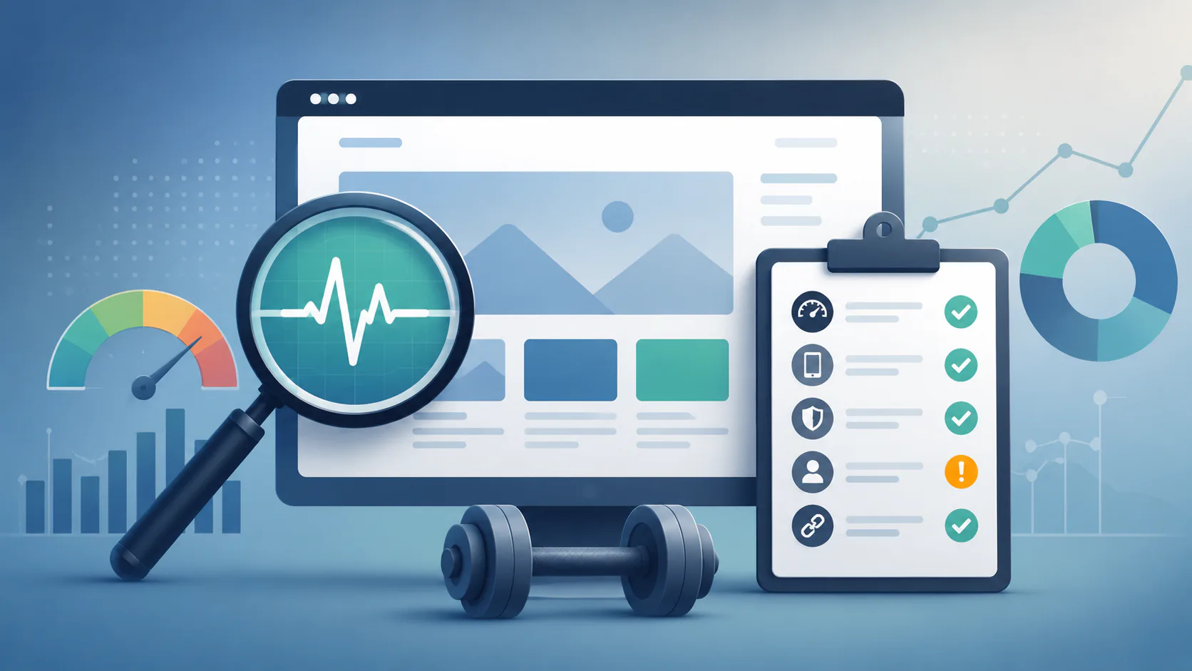Digital illustration showing a laptop displaying analytics dashboard with magnifying glass examining health metrics, clipboard checklist, performance gauges, line graphs, pie charts, and dumbbell r...