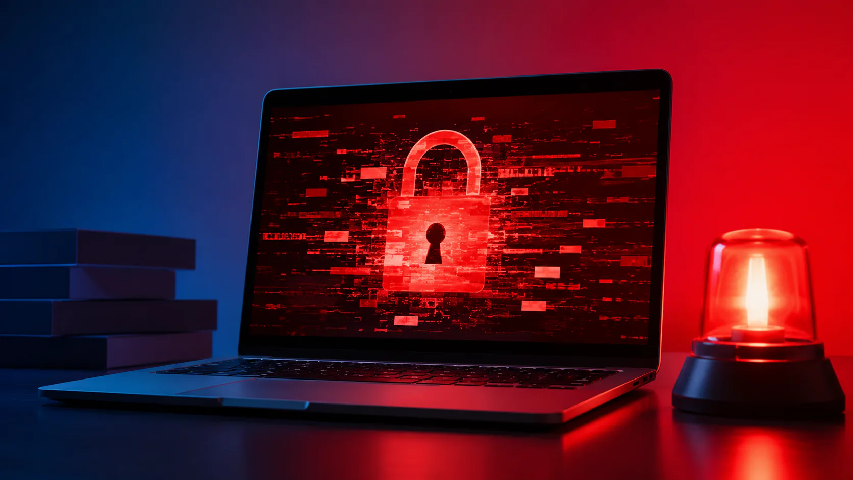 Laptop displaying a red glowing padlock icon with digital code matrix background, accompanied by a flashing red warning light, symbolizing cybersecurity threat and data breach alert.
