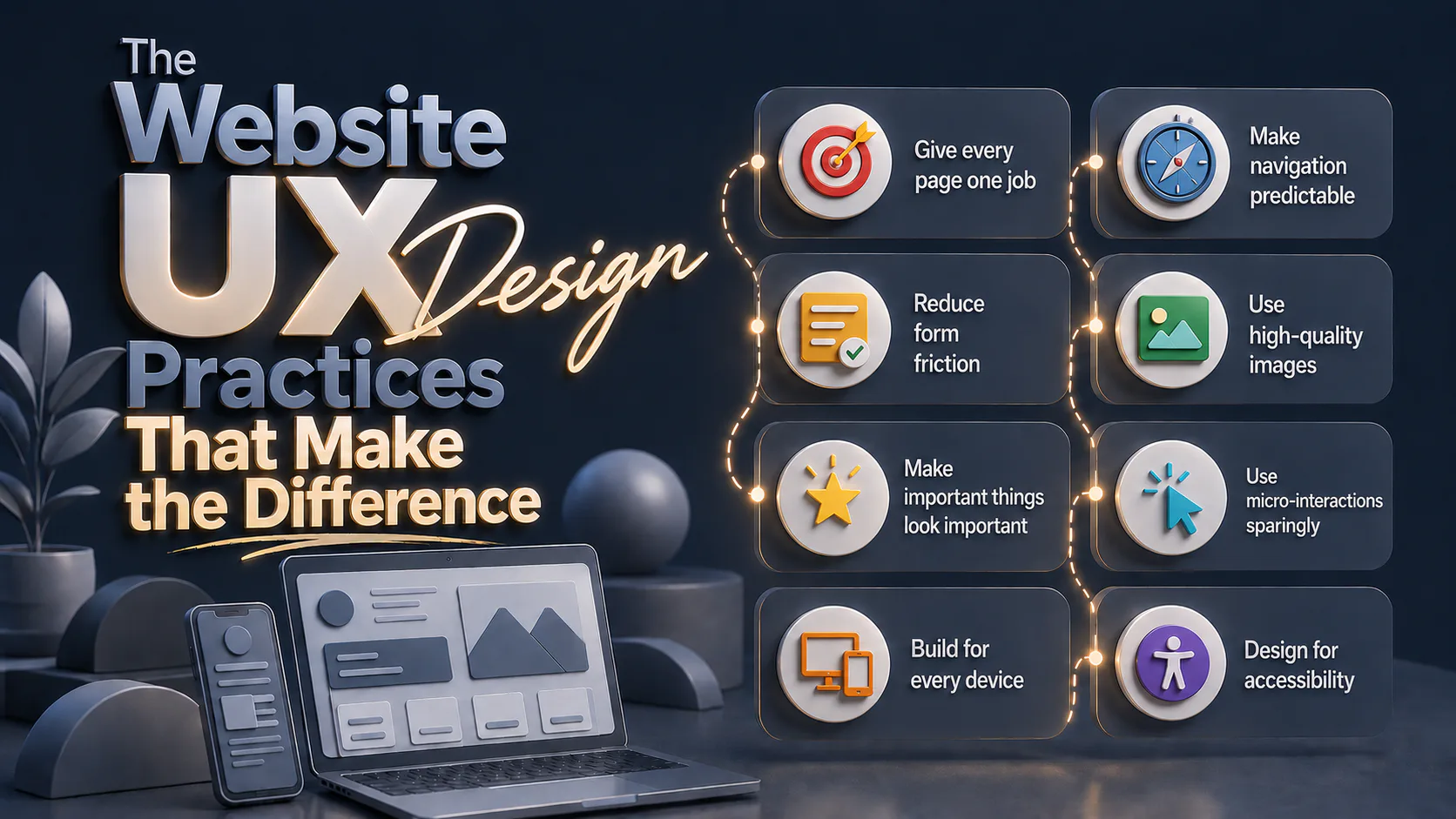 Infographic displaying eight key UX design principles with icons: target for page purpose, compass for navigation, checklist for forms, image icon for quality visuals, star for visual hierarchy, cu...