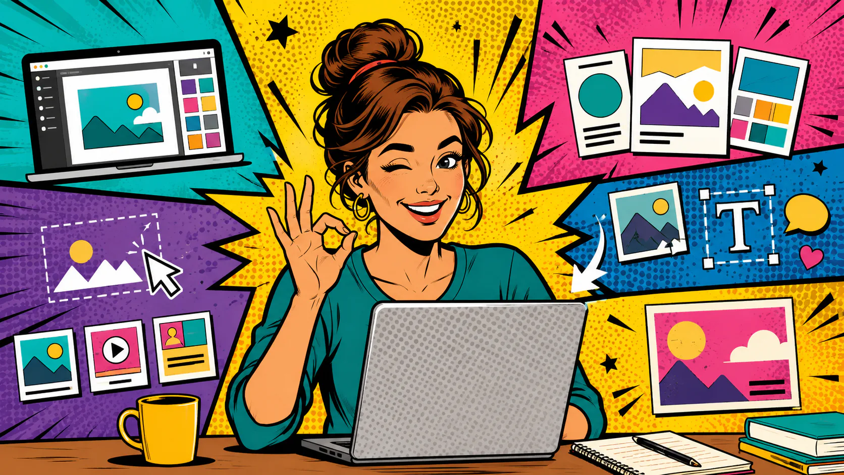 Happy woman with dark curly hair sitting at desk with laptop, making OK gesture. Surrounded by colorful design elements including mountain landscapes, color palettes, photo icons, and design softwa...