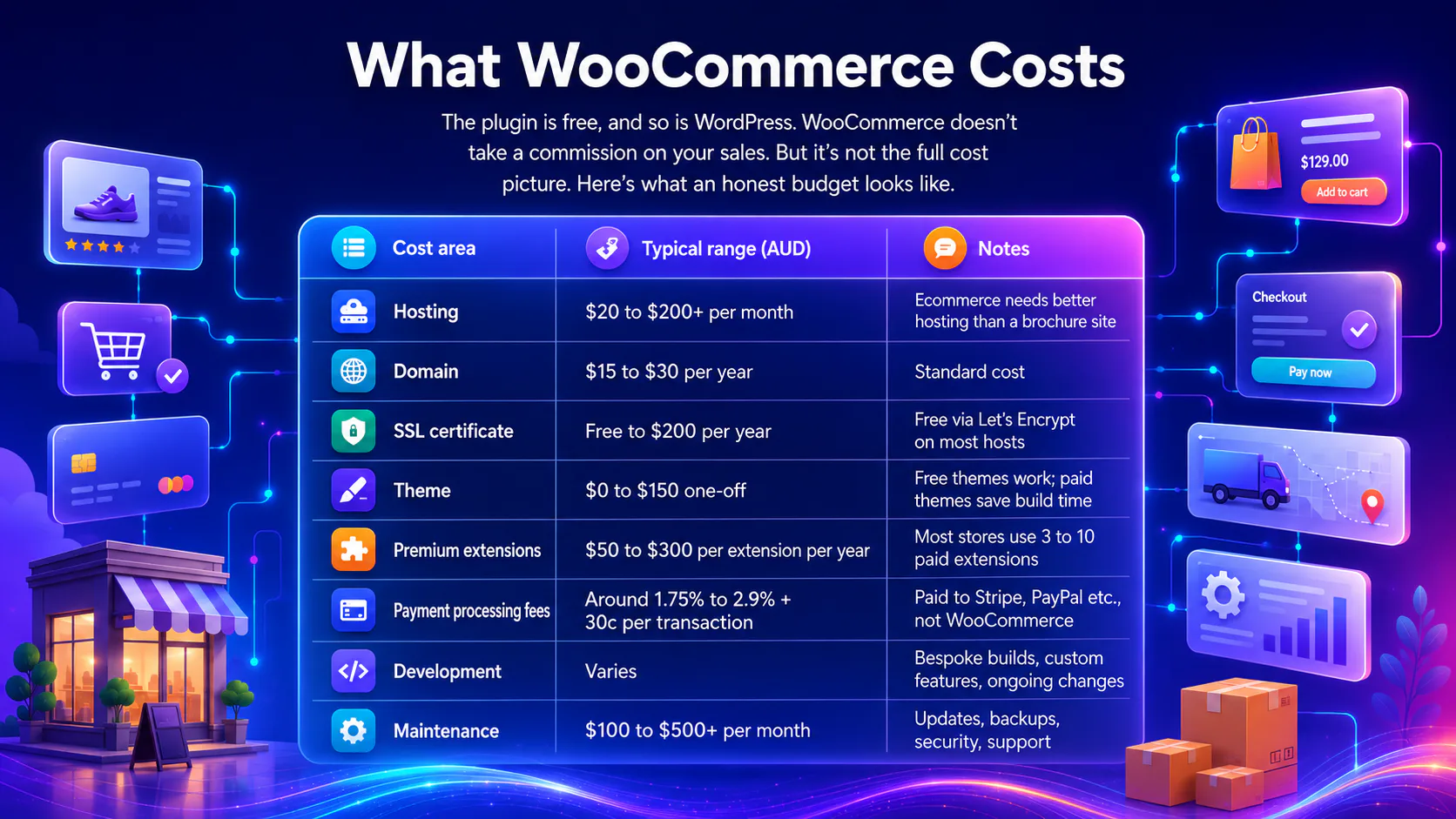Infographic showing WooCommerce hosting costs including hosting ($20-$200/month), domain ($15-$30/year), SSL certificate (free-$200/year), themes ($0-$150), extensions ($50-$300/year), payment fees...