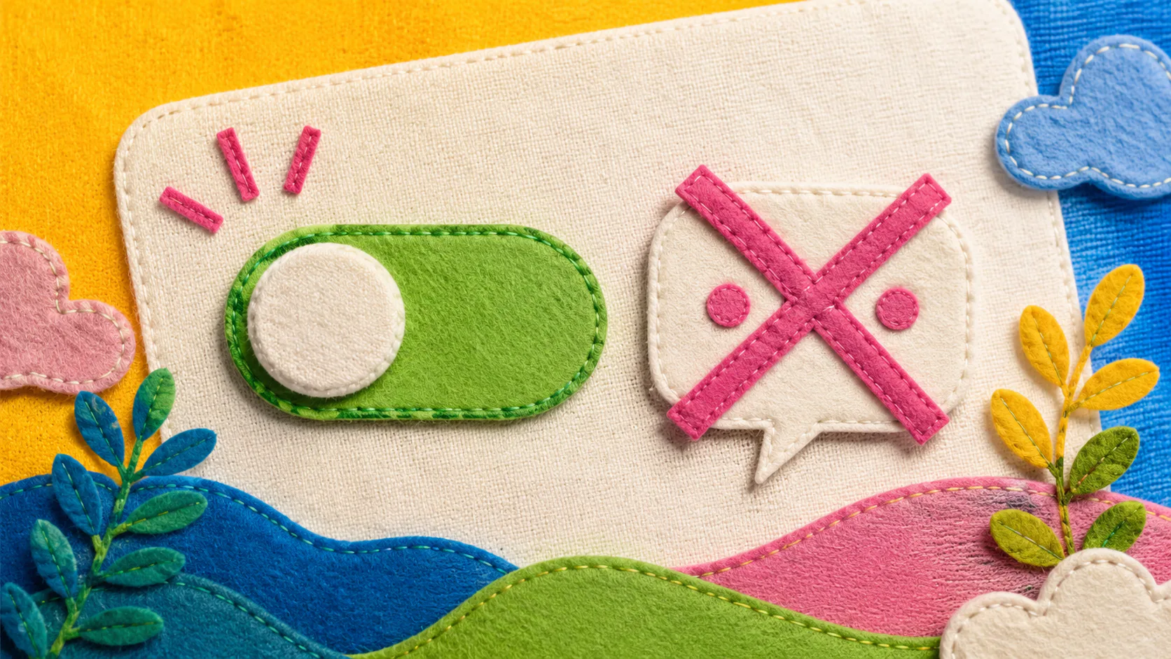 Colorful felt craft illustration showing O and X symbols with decorative elements including hearts, leaves, and clouds on yellow, blue, and pink backgrounds