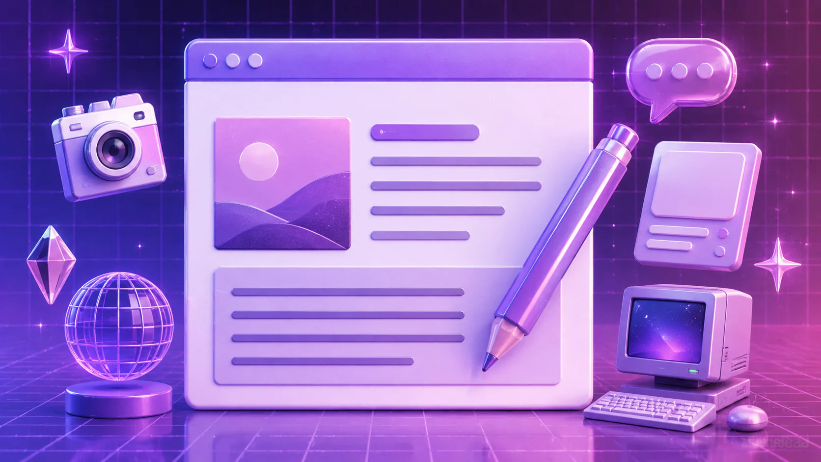 3D illustration featuring a laptop window with landscape image and text lines, surrounded by creative tools including a camera, pen, globe, chat bubble, desktop computer, and sparkles on a purple g...