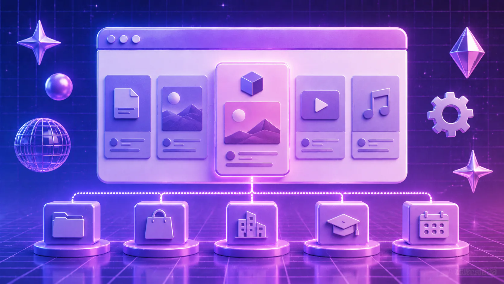 Colorful 3D illustration of a browser window displaying content management cards with icons for documents, images, video, and music, surrounded by neon-styled application icons for files, shopping,...
