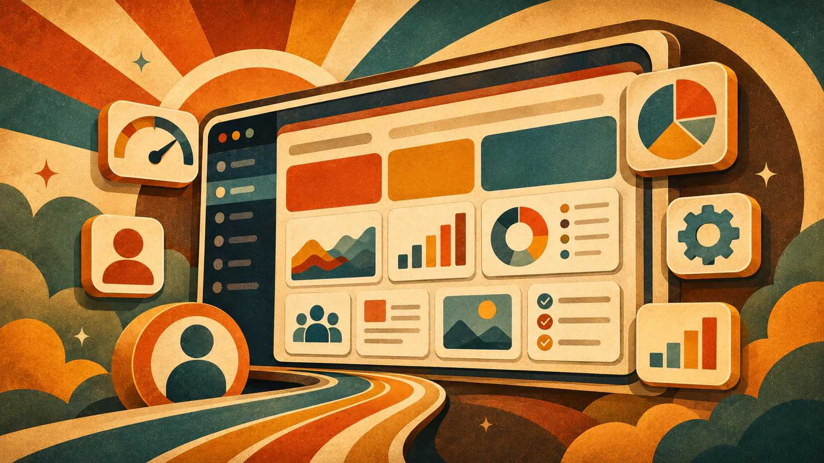 Retro-style illustration of a WordPress admin dashboard displaying various widgets including charts, graphs, user profiles, settings icons, and analytics data in warm orange and teal colors.