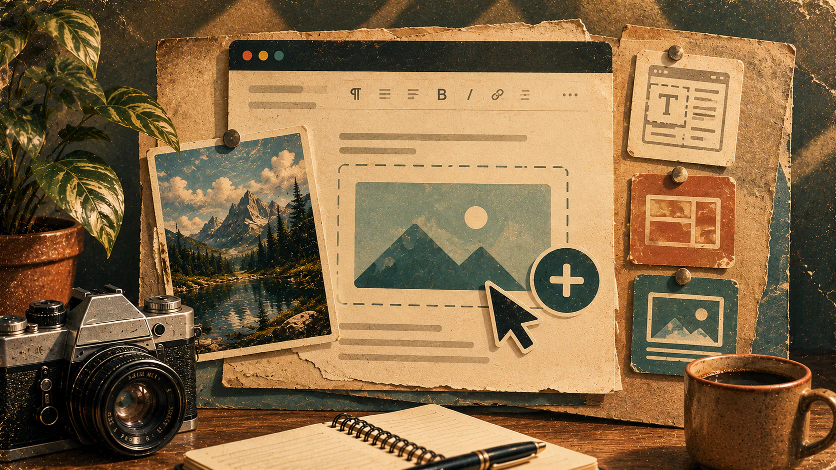 Vintage-styled flat illustration showing a browser window with image upload interface, featuring a mountain landscape illustration, cursor with plus icon, vintage camera, photo prints, plant, coffe...