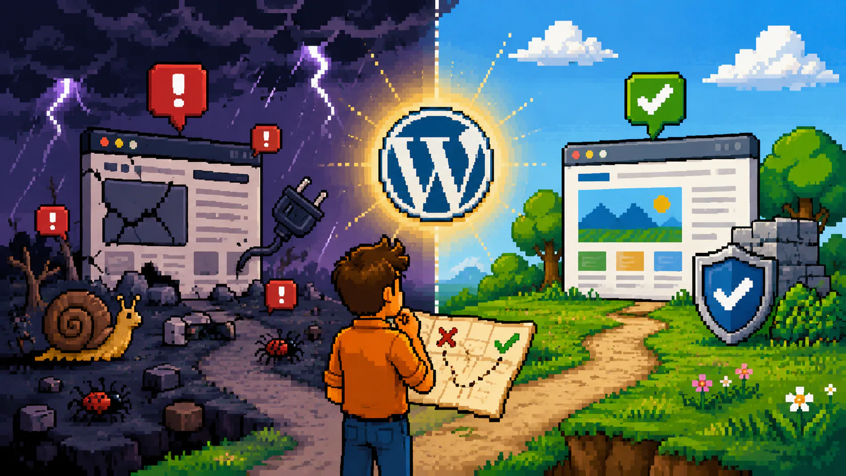 Pixel art illustration showing a person choosing between a problematic dark website (left with error icons, broken plugin, slow loading) and a successful sunny website (right with checkmarks, shiel...