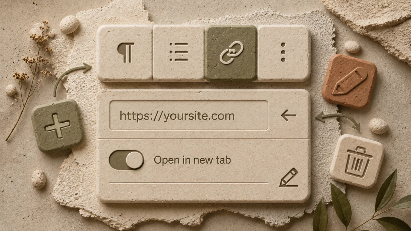 Beige textured interface showing WordPress link editing tools with formatting icons, URL input field displaying 'https://yoursite.com', toggle for 'Open in new tab' option, and editing controls