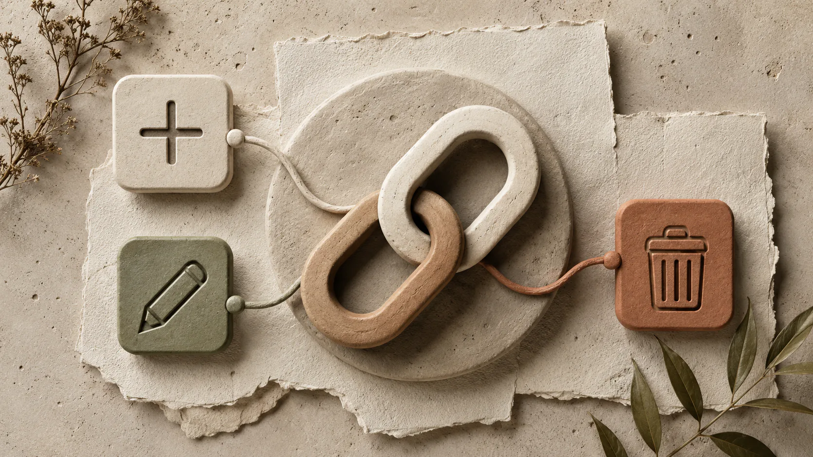 Beige clay-textured illustration showing three connected icons on rough paper: a plus symbol, pencil icon, and trash can icon, linked by a wooden chain, with dried botanicals decoration