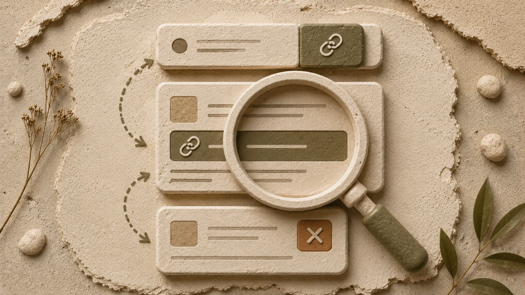 Beige textured illustration showing a magnifying glass examining three stacked content cards with link icons and text fields, representing WordPress link editing interface with visual hierarchy