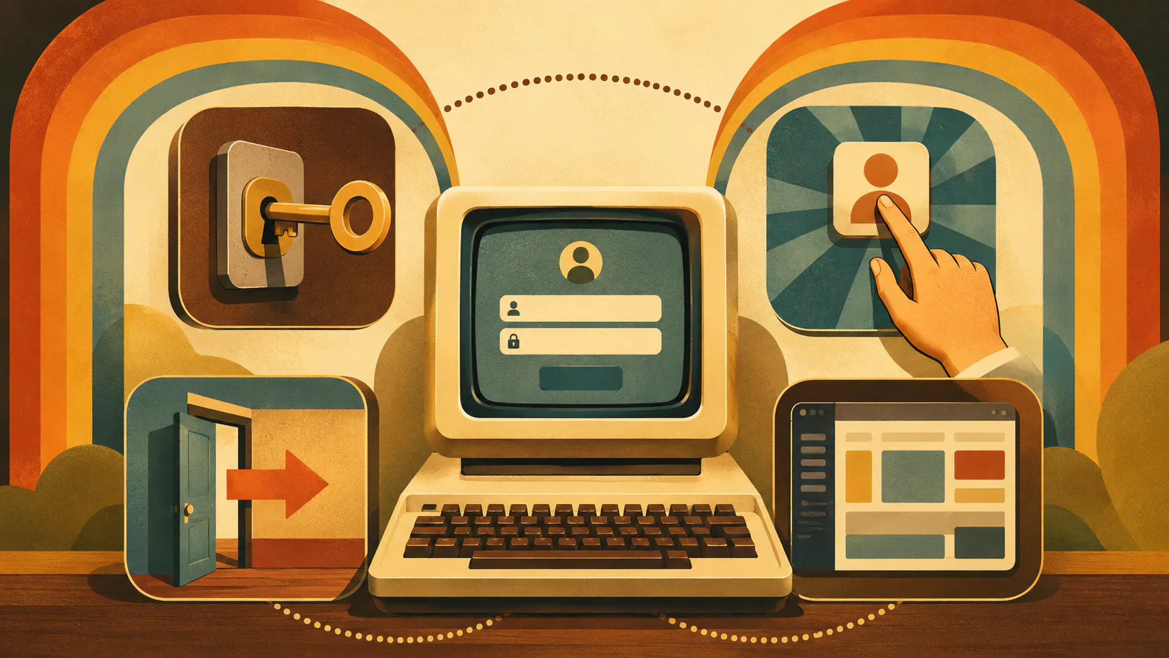 Retro-styled illustration showing a vintage computer with login screen in center, surrounded by security icons including a golden key, user profile, door with arrow, and website interface elements ...