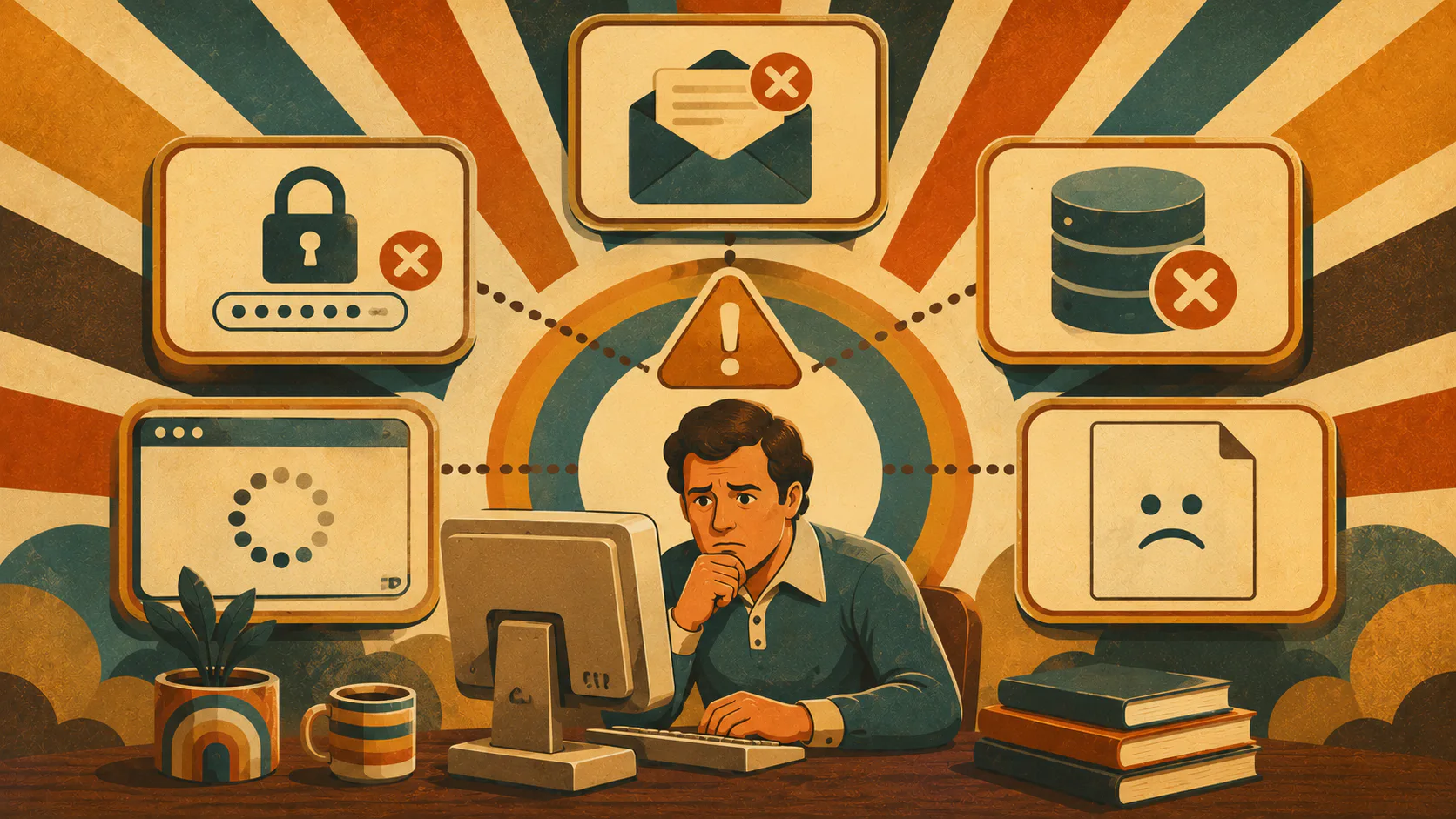 Retro-style illustration of worried man at computer surrounded by security warning icons including locked password field, failed email notification, database error, and sad face representing common...